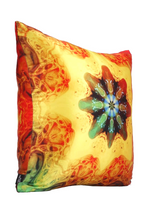 Load image into Gallery viewer, Side view of square %100 pure silk throw pillow, designed specially with fractal formulas and hand manufactured in limited numbers. Has a central circular shaped main motif with dominant colors of yellow, red and green. Printed on both sides.
