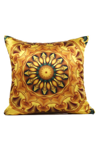 Side view: square %100 pure silk throw pillow, designed specially with fractal formulas and hand manufactured in limited numbers. Has a central circular main motif resembling a dome with main colors yellow, hazel, dark emerald. Printed on both sides.