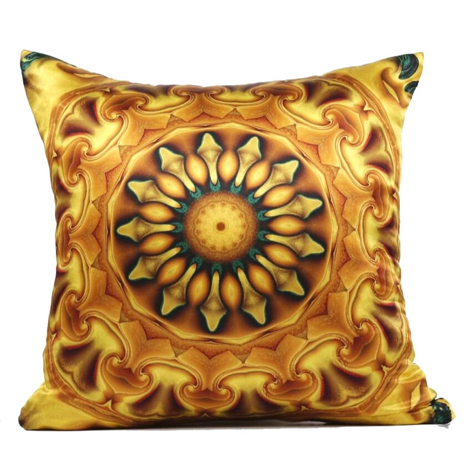 Front view: Square %100 pure silk throw pillow, designed specially with fractal formulas and hand manufactured in limited numbers. Has a central circular main motif resembling a dome with main colors yellow, hazel, dark emerald. Printed on two sides.