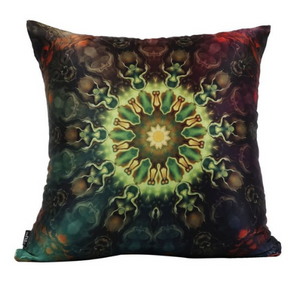 Front view: Square %100 pure silk throw pillow, designed specially with fractal formulas and hand manufactured in limited numbers. Has a central circular shaped main motif with dominant colors of green and yellow. Printed on both sides.