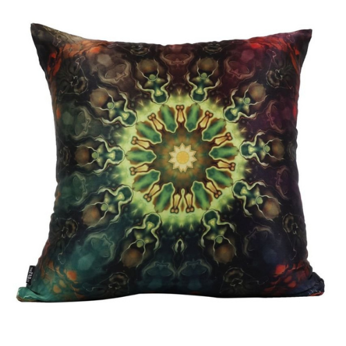 Front view: Square %100 pure silk throw pillow, designed specially with fractal formulas and hand manufactured in limited numbers. Has a central circular shaped main motif with dominant colors of green and yellow. Printed on both sides.