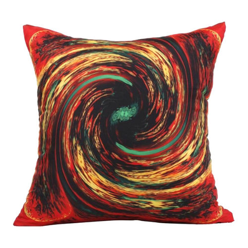 Front view: Square %100 pure silk throw pillow, designed specially with fractal formulas and hand manufactured in limited numbers. Has a central circular shaped main motif with dominant colors of green and yellow. Printed on both sides.