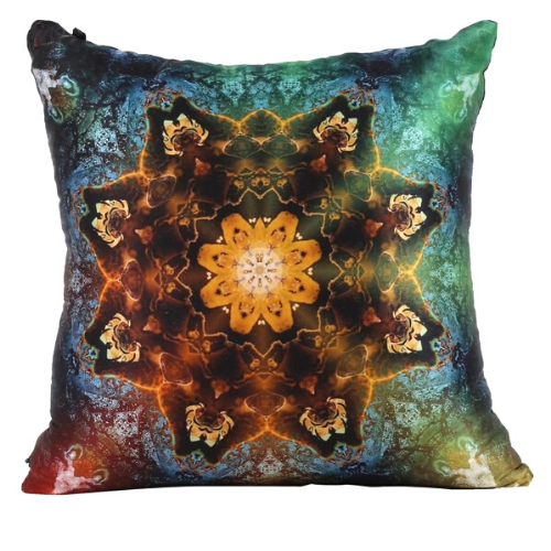 Front view of square %100 pure silk throw pillow, designed specially with fractal formulas and hand manufactured in limited numbers. Has symmetrically distributed floral motifs with dominant colors of blue, yellow, black, green.Printed on both sides.