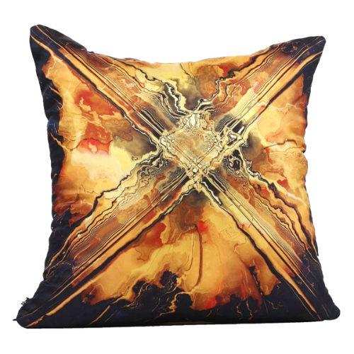 Front view: Square %100 pure silk throw pillow, designed specially with fractal formulas and hand manufactured in limited numbers. Has a central motif created by two crossed linear designs, with dominant colors of black, yellow, and light notes of red in background. Printed on both sides.