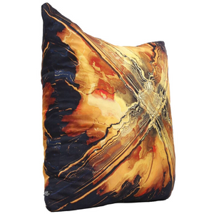 Side view: Square %100 pure silk throw pillow, designed specially with fractal formulas and hand manufactured in limited numbers. Has a central motif created by two crossed linear designs, with dominant colors of black, yellow, and light notes of red in background. Printed on both sides.