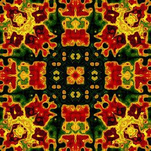 Design of square %100 pure silk throw pillow, designed specially with fractal formulas and hand manufactured in limited numbers. Has symmetrically distributed floral motifs with dominant colors of red, yellow, black, green.Printed on both sides.