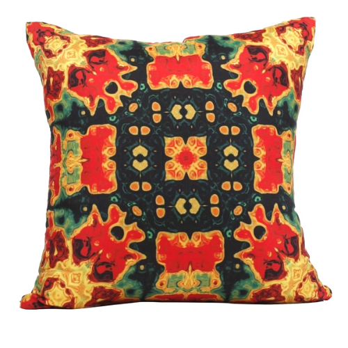 Front view of square %100 pure silk throw pillow, designed specially with fractal formulas and hand manufactured in limited numbers. Has symmetrically distributed floral motifs with dominant colors of red, yellow, black, green.Printed on both sides.
