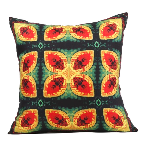 Front view of square %100 pure silk throw pillow, designed specially with fractal formulas and hand manufactured in limited numbers. Has symmetrically distributed floral motifs with dominant colors of red, yellow, black, green.Printed on both sides.