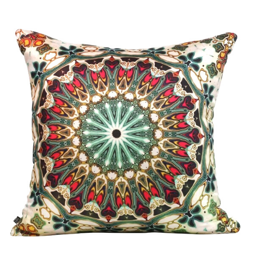 Front view of square %100 pure silk throw pillow, designed specially with fractal formulas and hand manufactured in limited numbers. Has a central circular main motif resembling a dome with main colors green, red, white. Printed on both sides.