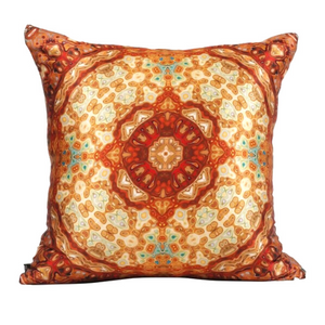 Front view of square %100 pure silk throw pillow, designed specially with fractal formulas and hand manufactured in limited numbers. Has a central circular shaped main motif with dominant colors of hazel, burgundy and beige. Printed on both sides.
