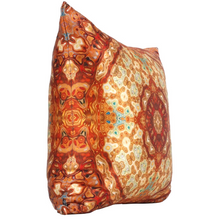 Load image into Gallery viewer, Side view of square %100 pure silk throw pillow, designed specially with fractal formulas and hand manufactured in limited numbers. Has a central circular shaped main motif with dominant colors of hazel, burgundy and beige. Printed on both sides.
