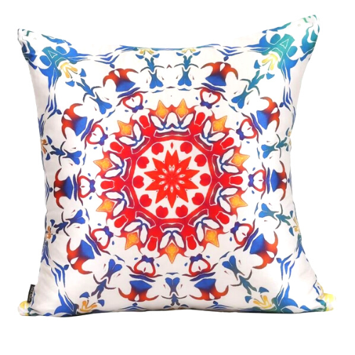 Front view of square %100 pure silk throw pillow, designed specially with fractal formulas and hand manufactured in limited numbers. Has a central circular main motif resembling a dome with main colors blue, red, white. Printed on both sides.