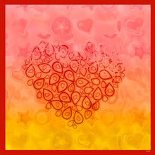 Charger l&#39;image dans la galerie, 100% Silk Twill Scarf, FLAME Collection. Designed with fractal formulas, designed with drop shaped motifs creating one central motif of heart symbol  in tones of red and yellow. An exclusive piece of accessory, a scarf, a foulard. Limited edition, hand-rolled on edges and hand stitched.
