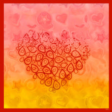 Load image into Gallery viewer, 100% Silk Twill Scarf, FLAME Collection. Designed with fractal formulas, designed with drop shaped motifs creating one central motif of heart symbol  in tones of red and yellow. An exclusive piece of accessory, a scarf, a foulard. Limited edition, hand-rolled on edges and hand stitched.
