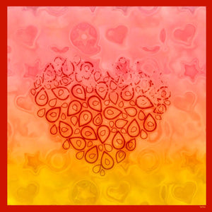100% Silk Twill Scarf, FLAME Collection. Designed with fractal formulas, designed with drop shaped motifs creating one central motif of heart symbol  in tones of red and yellow. An exclusive piece of accessory, a scarf, a foulard. Limited edition, hand-rolled on edges and hand stitched.